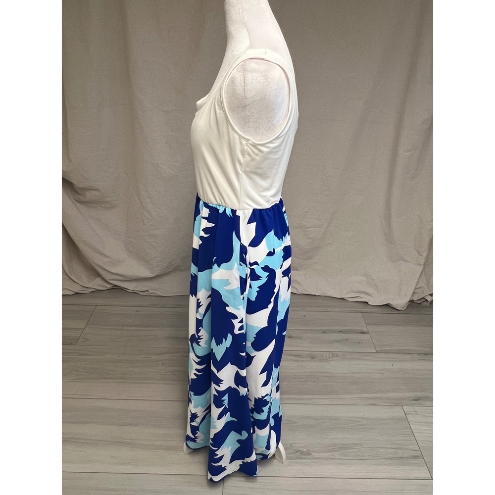 Boho Sleeveless Maxi Dress Abstract Print Blue White Sz M Coastal Nautical Flowy - Picture 3 of 6